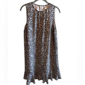 Loft Cream Brown Leopard Print Sleeveless Ruffle Hem Shift Dress Lined Sz M